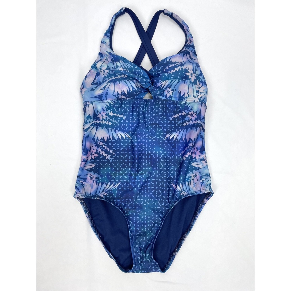 Title Nine Women SMALL‎ Blue Tropical One Piece Swimsuit Padded Twist Front